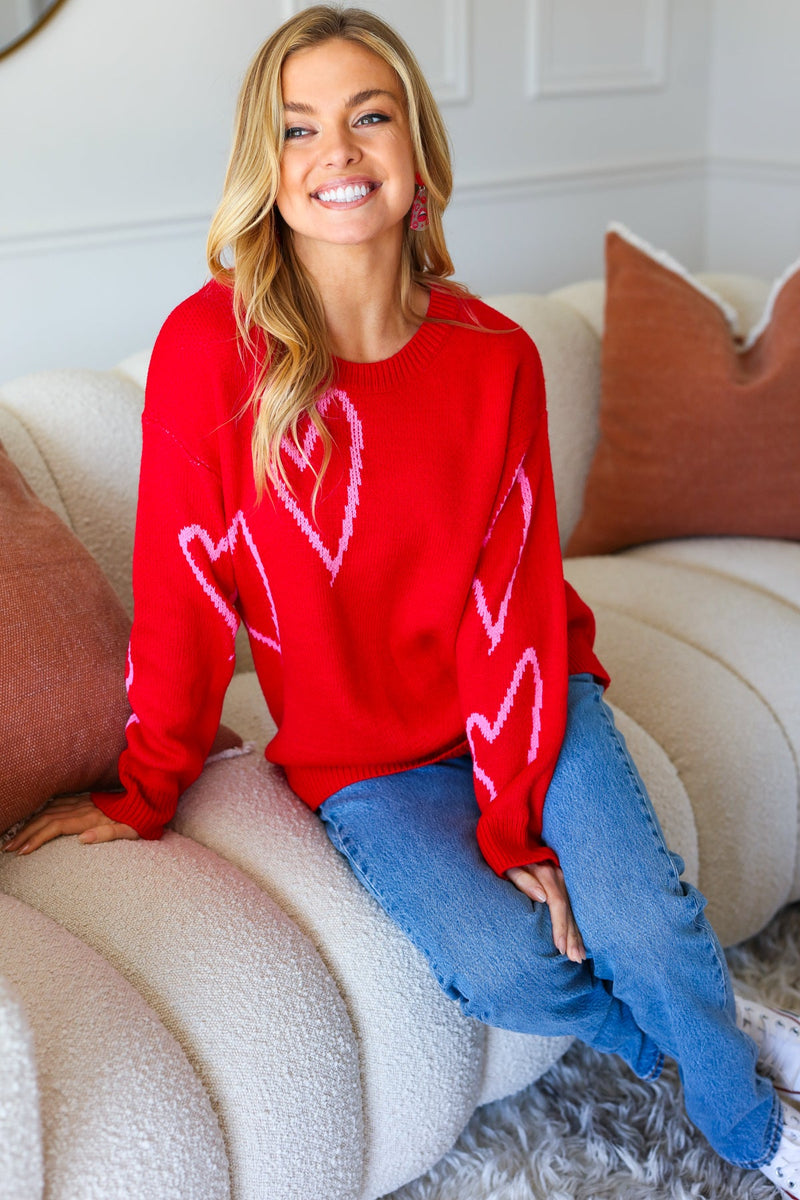 Make You Smile Red Heart Jacquard Oversized Sweater