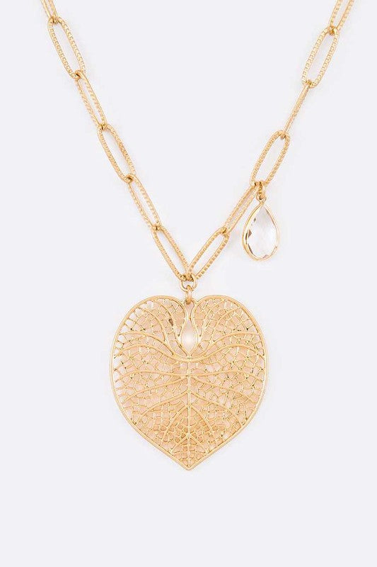 Cutout Leaf Teardrop Crystal Pendant Necklace
