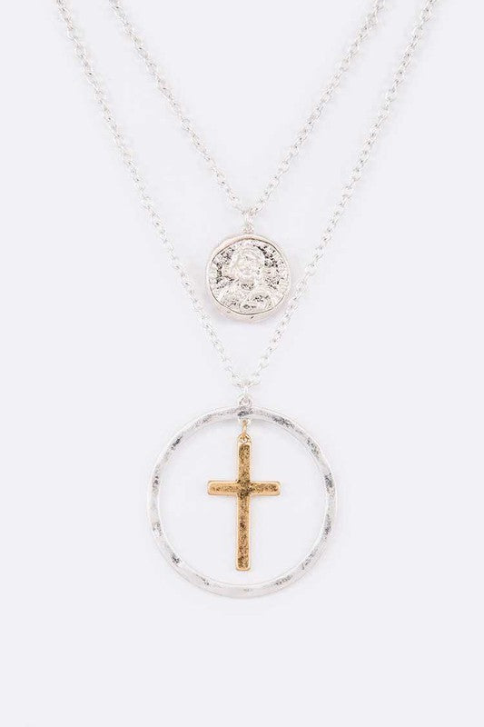 Mix Tone Cross Coin Pendant Necklace