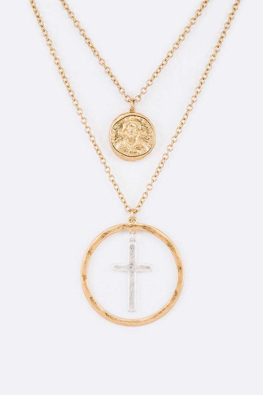 Mix Tone Cross Coin Pendant Necklace