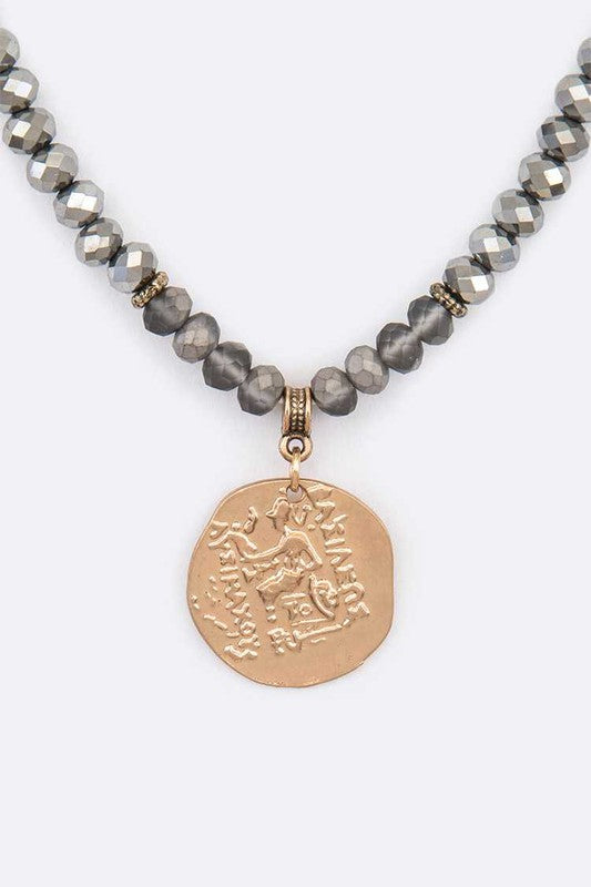 Embossed Medallion Pendant Beaded Necklace
