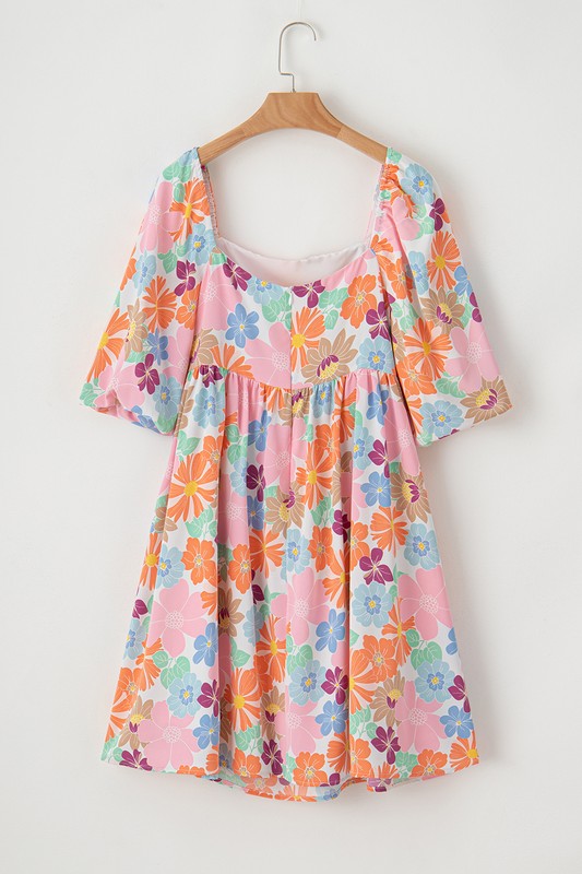 Square neck bubble puff sleeve floral coral dress