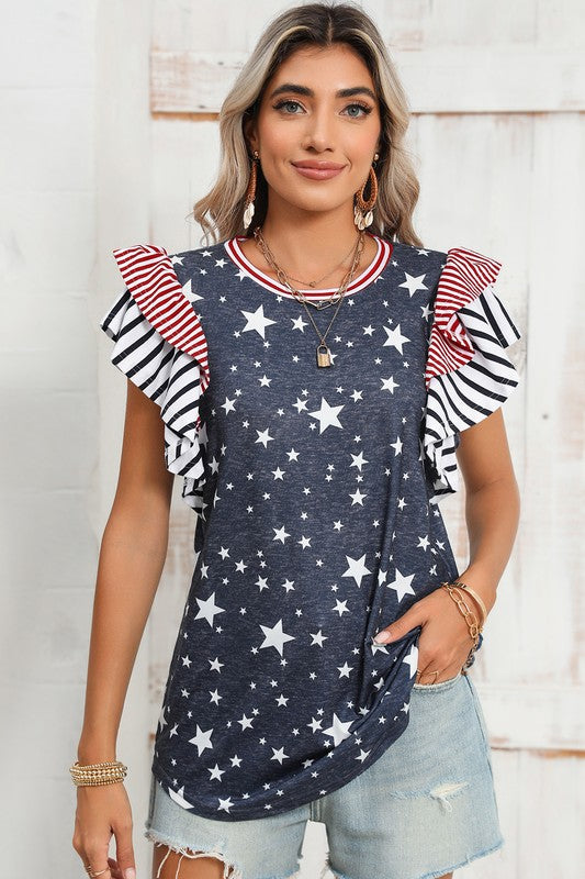 Flag Stripe Ruffle Sleeve Star Shirt USA