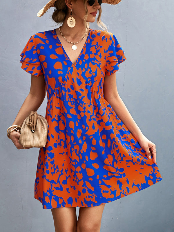 Ruffled Printed V-Neck Short Sleeve Mini Dress