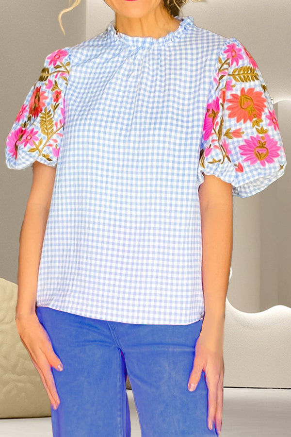 Embroidered Plaid Round Neck Short Sleeve Blouse