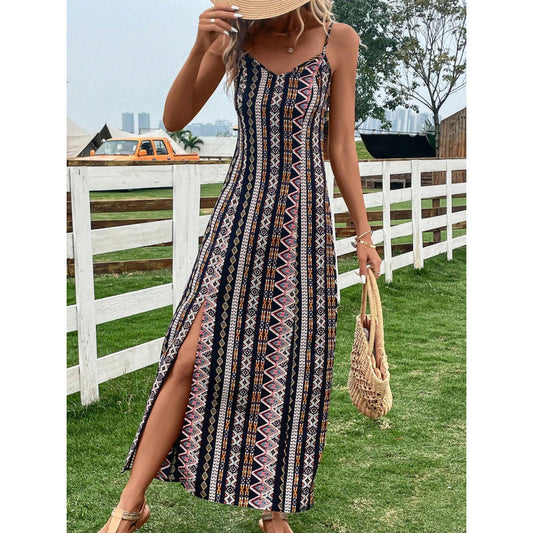 Summer explosive women's clothing suspender splicing split fork long dress