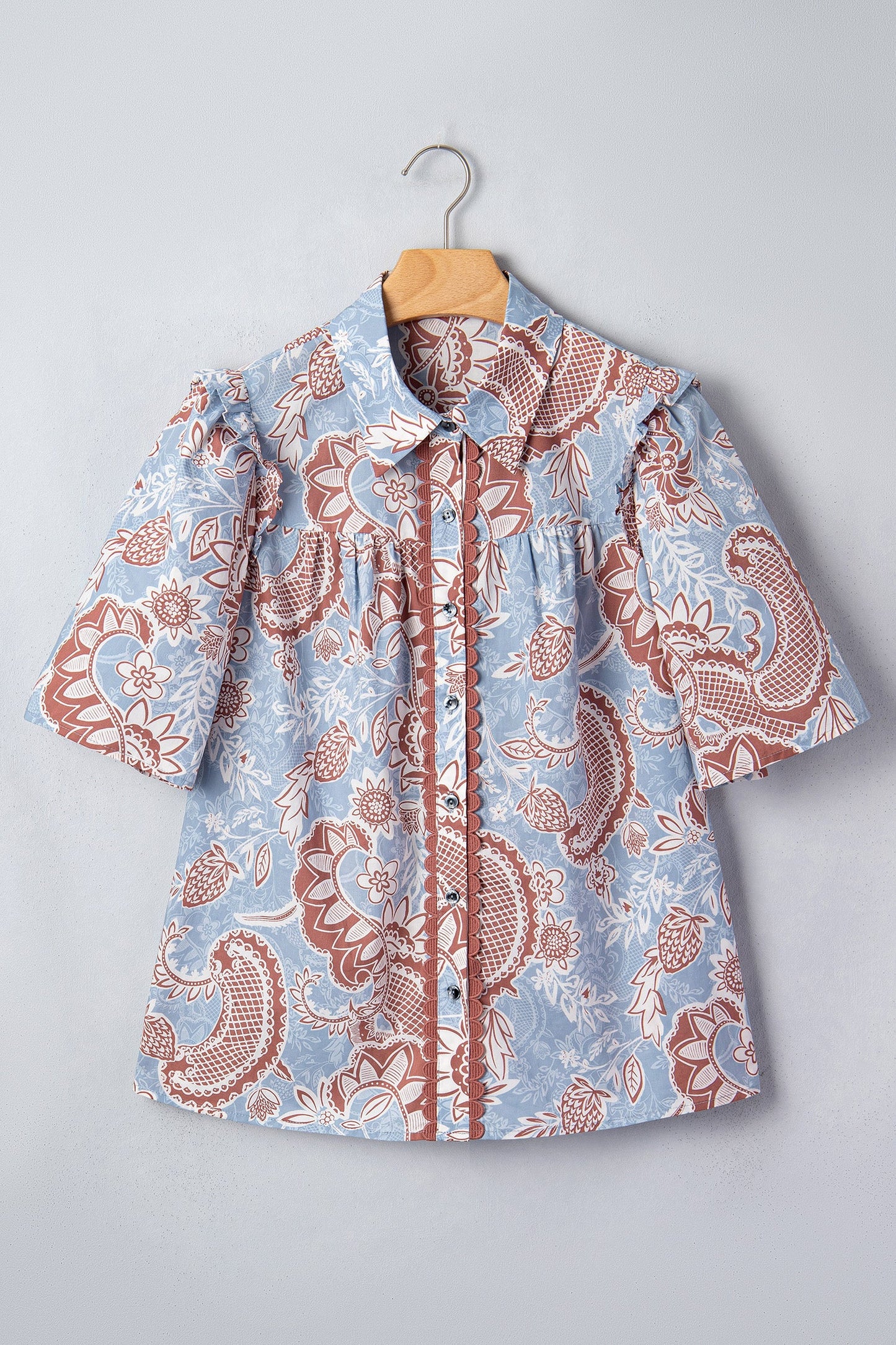 Boho Floral Scalloped Trim Button Down Shirt