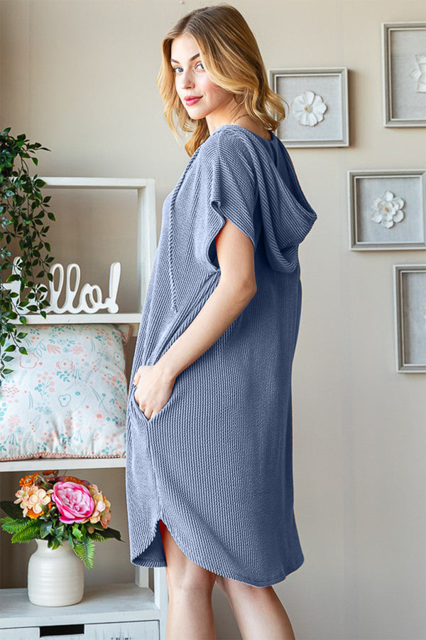 Heimish Full Size Ribbed Short Sleeve Hooded Dress