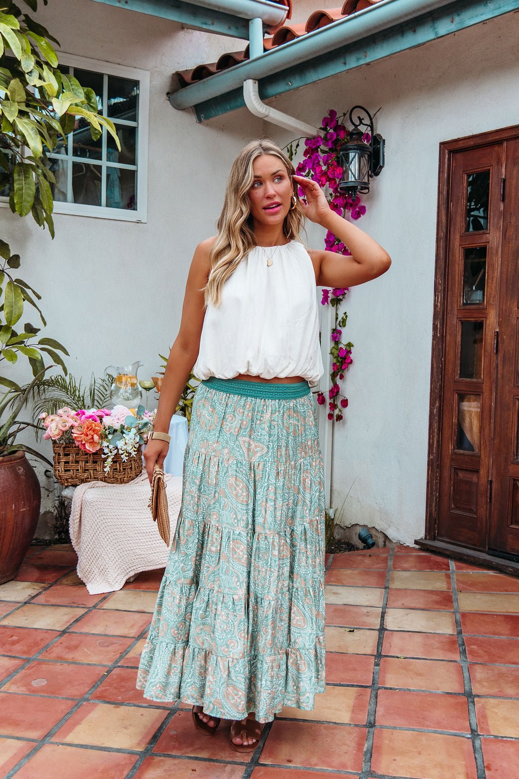 Green Paisley Print Tiered Maxi Skirt - FINAL SALE