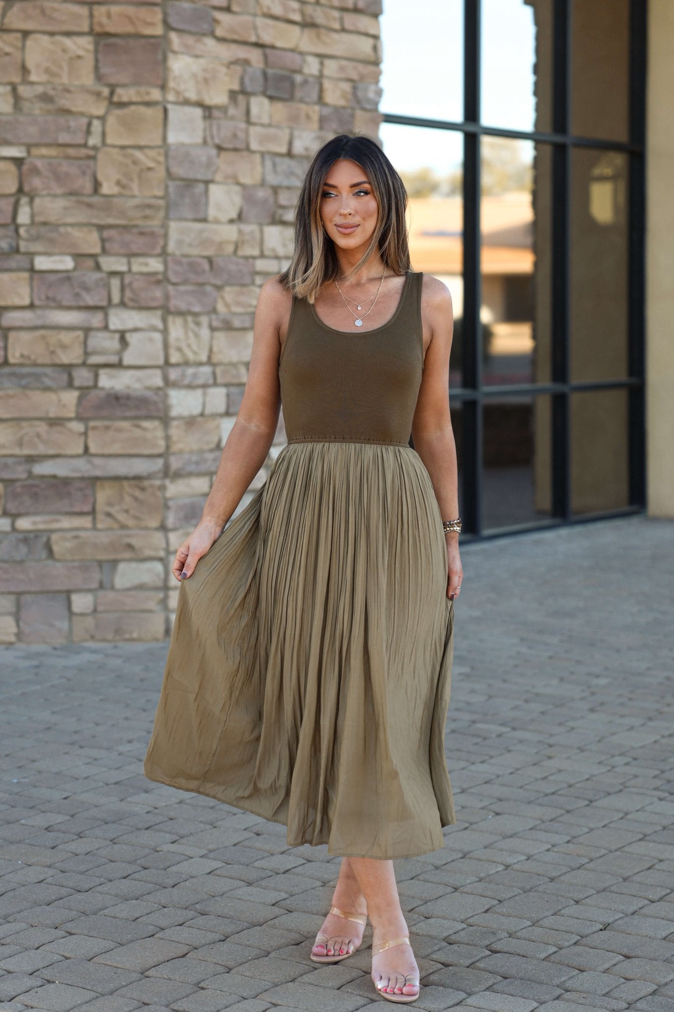 Olive Scoop Neck Pleated Tank Midi Dress - FINAL SALE