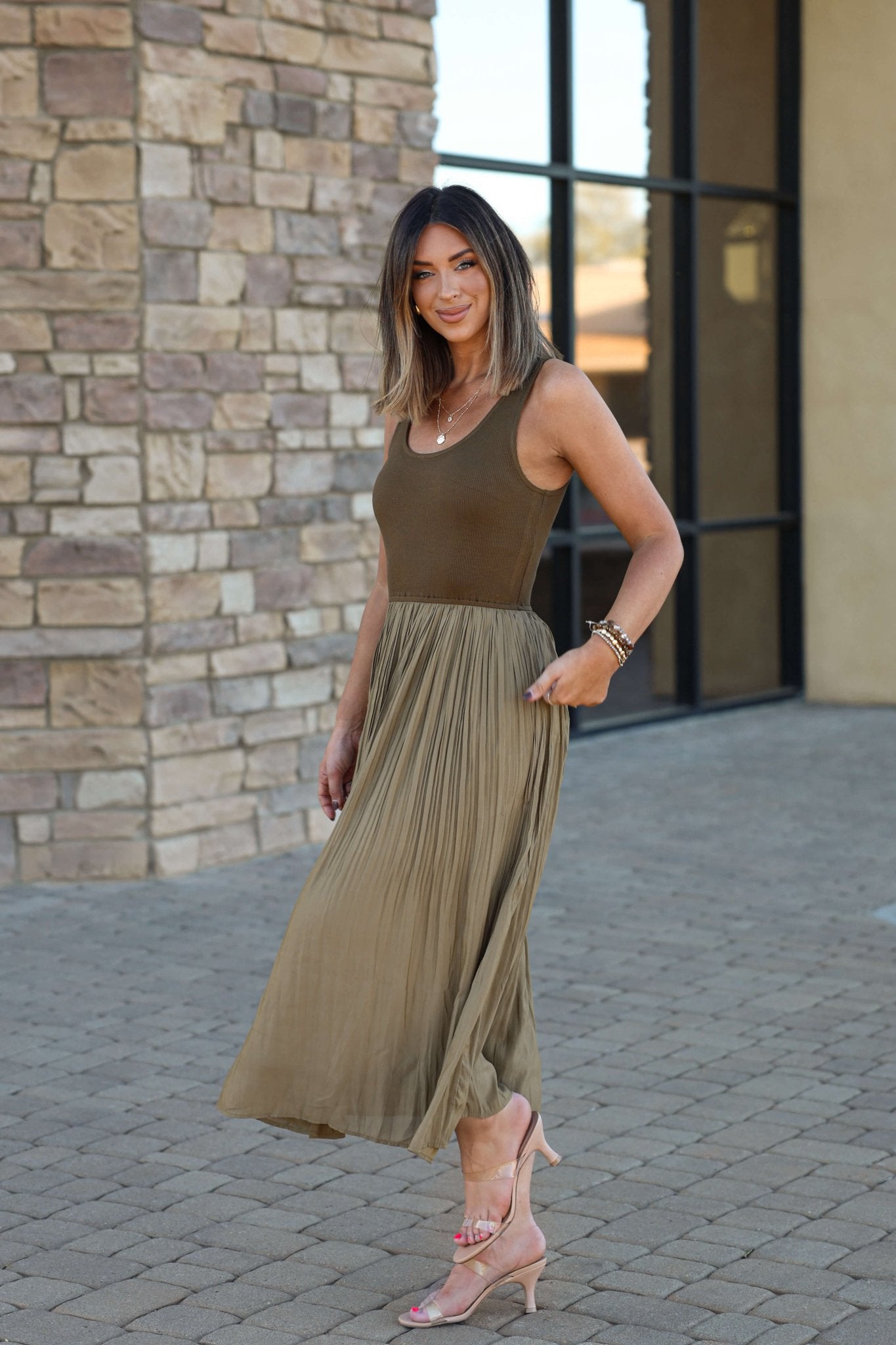 Olive Scoop Neck Pleated Tank Midi Dress - FINAL SALE