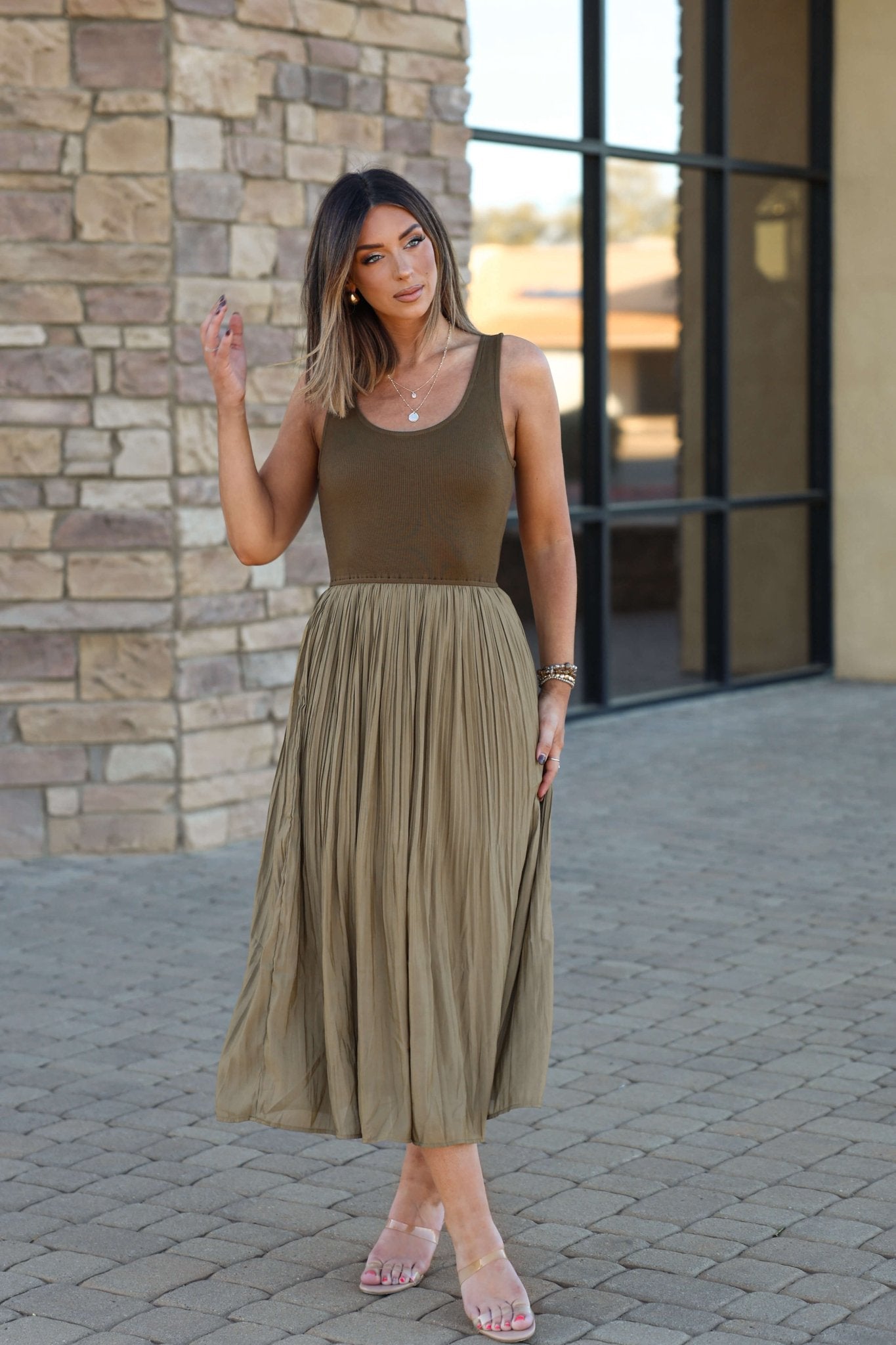 Olive Scoop Neck Pleated Tank Midi Dress - FINAL SALE