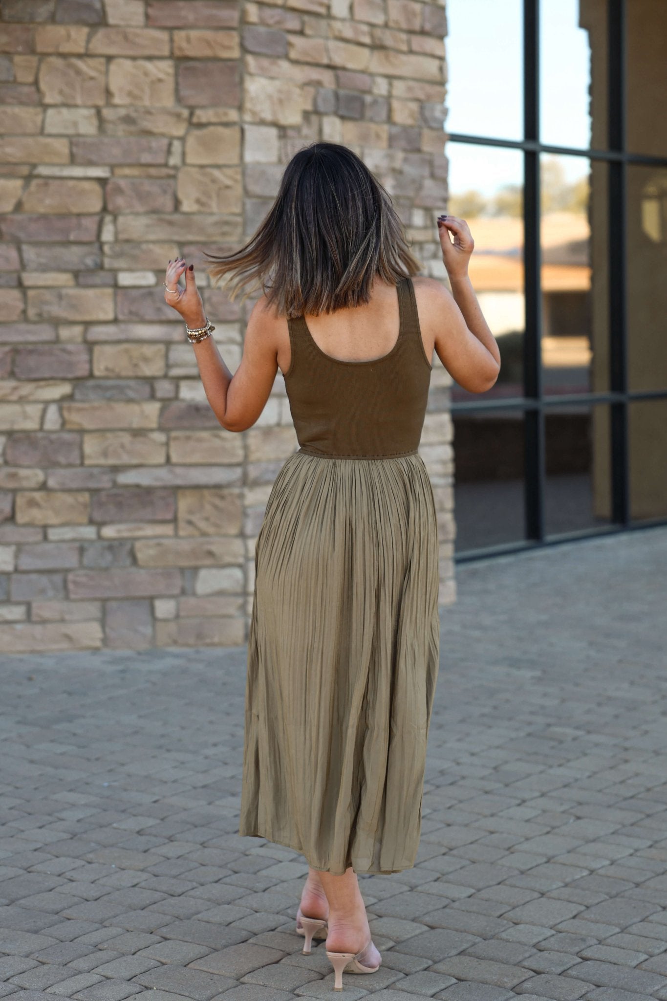 Olive Scoop Neck Pleated Tank Midi Dress - FINAL SALE