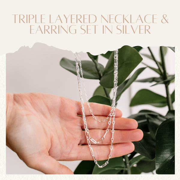 2.16 Triple Layered Necklace & Earring Set In Silver