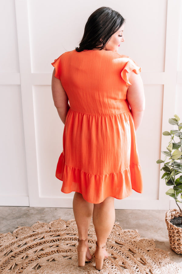3.6 Tiered V Neck Dress With Flutter Sleeves In Tangerine