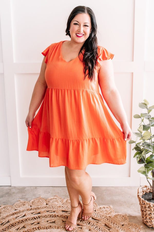 3.6 Tiered V Neck Dress With Flutter Sleeves In Tangerine
